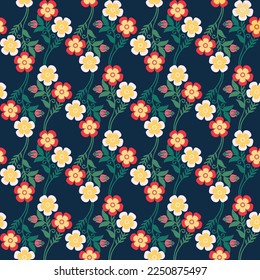 temática oscura sin fisuras Flores cruzadas botánicas con fondo azul oscuro Patrón vertical vectorial.estilo sencillo con flores y hojas.nuevos patrones geométricos de flores verticales de otoño creativos.