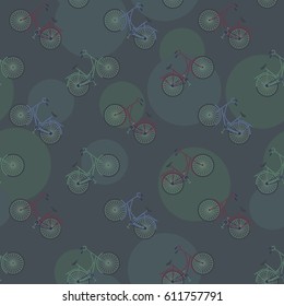 Seamless dark vector pattern with colorful bicycles and circles.