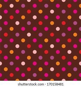 Seamless dark vector pattern or texture with colorful pink, yellow, orange and violet polka dots on red brown background for blog, web design, kids background, scrapbooks.