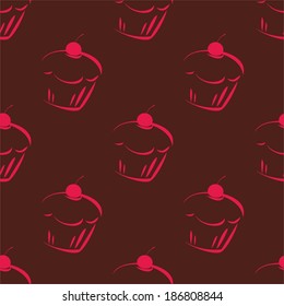 Seamless dark vector pattern or texture with chocolate cupcakes, muffins, sweet cake and pink cherry and brown background. 