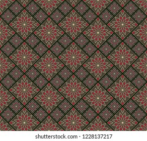 Seamless dark vintage mosaic with flower pattern vector template. Seamless wallpaper, wrapping paper, textile or upholstery print. Vector illustration.