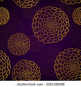 Seamless dark violet pattern with golden marigolds