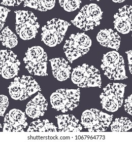 Seamless dark violet pattern with ivory grunge textured spiral shells of snails. Nature modern theme. Vector texture illustration. Usable as print for cloth, wallpaper, backdrop, cover etc.
