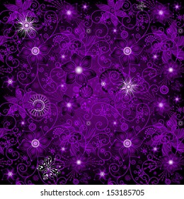 Seamless dark violet vintage pattern with flowers and butterflies (vector)