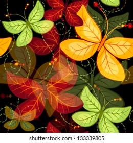 Seamless dark vivid autumn pattern with translucent butterflies and curls (vector EPS 10)