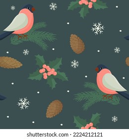 Seamless dark winter pattern with bullfinch and ilex