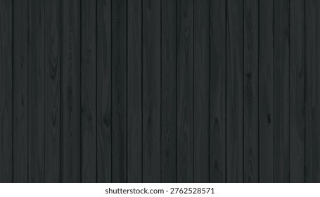 Seamless dark wooden plank texture in black charcoal tones. Elegant vertical vector background for interiors, branding, packaging, and modern design projects with natural wood grain detail.