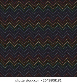 Seamless dark zigzag pattern with rainbow-colored dotted lines forming chevron stripes, creating a vibrant and dynamic geometric background
