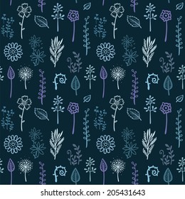 Seamless dark-blue background with elements of plants