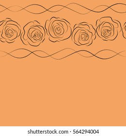 Seamless dashed pattern of horizontal abstract vector black and yellow rose flowers and copy space (place for your text).