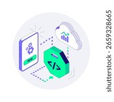 Seamless Data Exchange between Mobile phone and cloud via integration hub. Minimal isometric concept of API workflow in digital infrastructure. Mobile trigger for api based cloud integration
