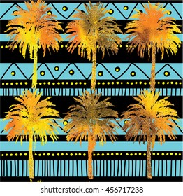 
Seamless with date palms . Stylish summer background. Exotic , summer, sea . Ethnic pattern with dots and zigzags .