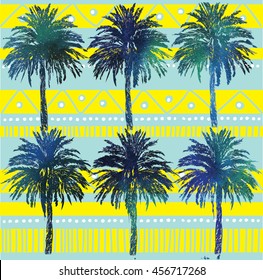 
Seamless with date palms . Stylish summer background. Exotic , summer, sea . Ethnic pattern with dots and zigzags .