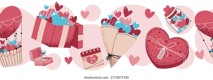 Seamless Valentine’s Day Border With Gift Box, Bouquet And Present In Flat Style. Repeating Romantic Gift Pattern For Washi Tape, Piping, Textile, Gift Wrap, Wallpaper And Craft Projects.