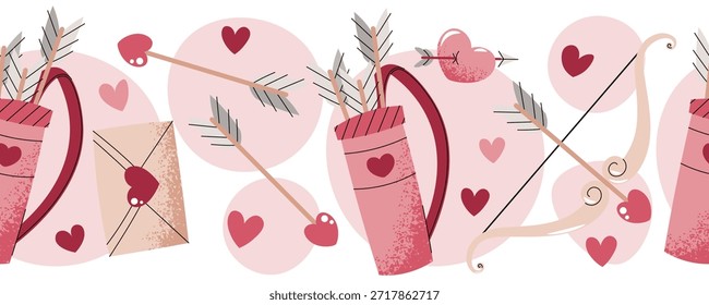 Dia dos Namorados Sem Costura Com Quiver De Cupido, Setas E Arco Em Estilo Plano. Seta Repetitiva E Padrão Do Coração Para Fita Washi, Tubulação, Têxtil, Envoltório De Presente, Papel De Parede E Projetos De Artesanato.
