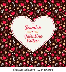 Seamless Valentine’s Day dark pattern with flowers and hearts. Vector design.