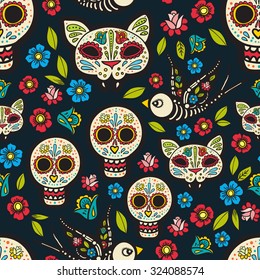 The seamless of Day of the Dead, a traditional holiday in Mexico. Skulls,  ribbons,  for design, t-shirt,cloth