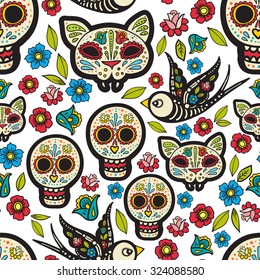 The seamless of Day of the Dead, a traditional holiday in Mexico. Skulls,  ribbons,  for design, t-shirt,cloth