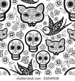 The seamless of Day of the Dead, a traditional holiday in Mexico. Skulls,  ribbons,  for Coloring for adults