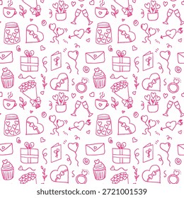 Seamless Valentine’s Day doodle pattern featuring hand-drawn romantic elements such as hearts, love letters, envelopes, gift boxes, flowers, bouquets, cupcakes, coffee cups, champagne glasses, rings, jars with hearts, balloons, bows, and cute love icons