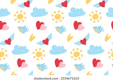 Seamless Valentine’s Day Pattern, birds, hearts, sun, clouds. Vector illustration, flat style, background
