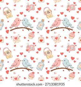 Seamless Valentine’s Day pattern with cute birds on branches, hearts, love letters, cameras, cupcakes, music player and romantic icons. Soft pastel repeat background for wrapping paper, textiles, cards and love themed designs