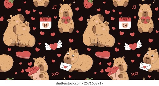 Seamless Valentine’s Day Pattern with cute capybara with hearts, love letters, and romantic icons, dark background with red and pink accents. Perfect for wrapping paper, fabrics, and digital designs.