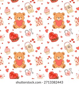 Seamless Valentine’s Day pattern with cute teddy bears holding hearts, gift boxes, cupcakes, chocolates, love letters and romantic icons. Sweet repeat background for wrapping paper, kids designs, textiles and stationery