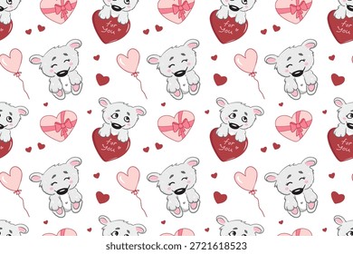 Seamless Valentine’s Day pattern with cute teddy bears, hearts, balloons, and gift elements in soft pink and red colors, perfect for romantic, kids, and festive designs