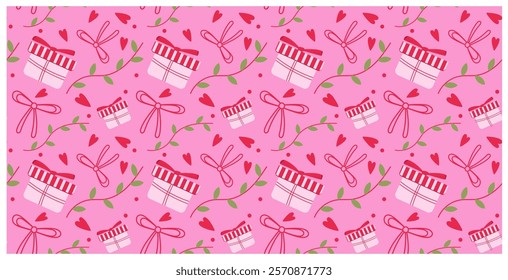 Seamless Valentine’s Day pattern with gift boxes, bows, hearts, and floral vines on pink background. Colorful romantic holiday texture, present concept, wallpaper, gift print. Vector illustration
