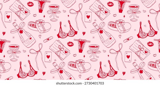 Patrón de San Valentín sin fisuras con iconos románticos dibujados a mano en arte de línea roja sobre fondo rosa. Lencería, regalos, cintas, corazones y símbolos de amor para embalajes, textiles, tarjetas y diseños festivos