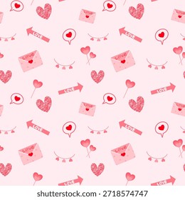 Patrón de San Valentín sin fisuras con corazones, letras de amor, flechas e iconos románticos en tonos rosados suaves, diseño lindo y juguetón para regalos, telas y fondos festivos.