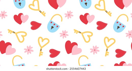 Seamless Valentine’s Day Seamless Pattern, keys and lock, hearts, flowers. Vector illustration, flat style, background