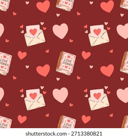 Patrón de San Valentín sin fisuras con cartas de amor, corazones y libros románticos sobre fondo rojo profundo. Diseño repetitivo lindo para el papel de embalaje, textiles, tarjetas de felicitación, papelería y productos temáticos del amor