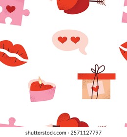 Seamless Valentine’s Day pattern with love symbols and romantic elements. Cute vector illustration with hearts, lips, gifts, and candles. Perfect for gift wrapping, cards, posters, and backgrounds.