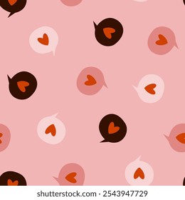 Seamless Valentine’s Day pattern with message windows and hearts. Pattern with colorful chat windows about love on a pink background. Hearts, love, messages, letters, chat window. Gentle print