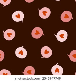 Seamless Valentine’s Day pattern with message windows and hearts. Pattern with colorful chat windows about love on a brown background. Hearts, love, messages, letters, chat window. Gentle print