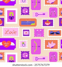 Seamless Valentine’s Day pattern with romantic stamps, hearts, keys, and love symbols. Perfect for wrapping paper, greeting cards, textiles, and festive designs celebrating love