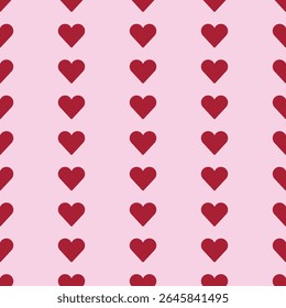 Seamless Valentine’s Day pattern with rows of red hearts aligned vertically on a soft pink background. A sweet and romantic design that radiates warmth, charm, and affection. Illustration EPS 10.