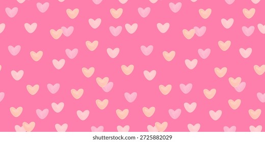 Seamless Valentine’s Day pattern with small watercolor cream and pink hearts on bright pink background. Romantic repeating texture for wrapping paper, greeting cards, textiles, and packaging.