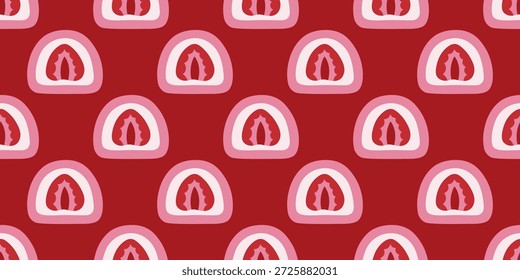 Patrón de San Valentín sin fisuras con mochi estilizado de fresa en Formas de corazón sobre fondo rojo. Textura romántica dulce para envolver papel, tarjetas, textiles, embalaje y Anuncios de Web.