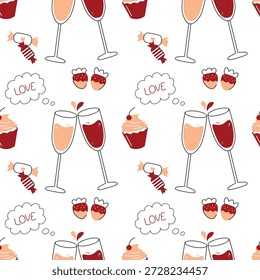 O padrão perfeito do Dia dos Namorados inclui copos de vinho, doces, corações e símbolos românticos. Ilustração de vetor plano ideal para embrulhar presente, embalagem, tecido, cartões de saudação, papelaria e projetos de férias românticas.