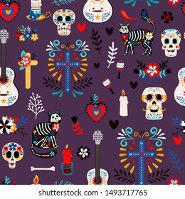 Seamless deadpattern. Halloween fashion print or mexican day of the dead stylish pattern, cute death holiday events decoration vector background
