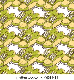 Seamless decor pattern of colored sneakers on white background in isometric view.