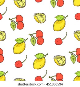 Seamless decor pattern of lemons and cherries on white background. Sketch style.