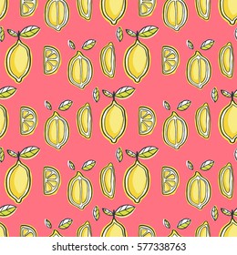 Seamless decor pattern of lemons. Sketch style. Image for a poster or cover. Vector illustration. Repeating texture. Figure for textiles. Package design.