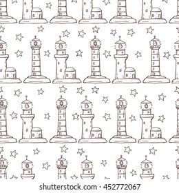 Seamless decor pattern of lighthouse on white background.