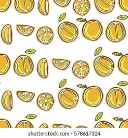 Seamless decor pattern of orange or mandarin. Sketch style. Image for a poster or cover. Vector illustration. Repeating texture. Figure for textiles. Package design.