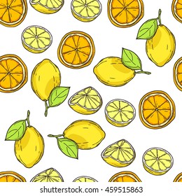 Seamless decor pattern of oranges and lemons on white background. Sketch style.
