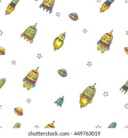 Seamless decor pattern of space and spaceships on white background. Sketch style.